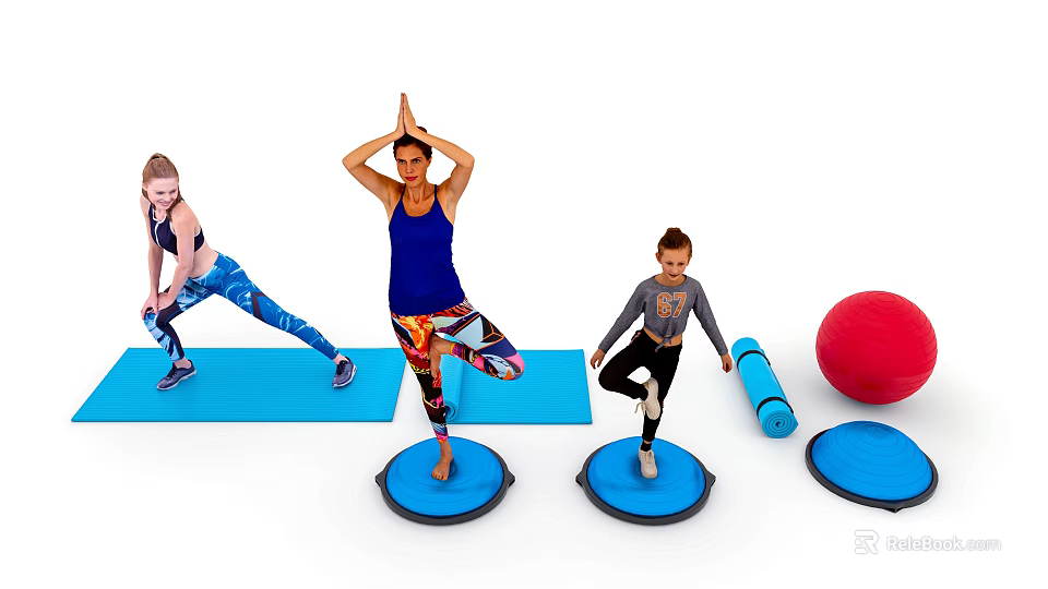People Practicing Yoga Together on Balance Pads with Exercise Ball and Rolled Mat 3d model 
