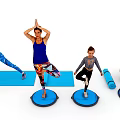 People Practicing Yoga Together on Balance Pads with Exercise Ball and Rolled Mat