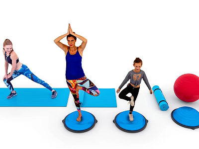 People Practicing Yoga Together on Balance Pads with Exercise Ball and Rolled Mat 3d model