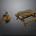Rustic Outdoor Picnic Scene With Wooden Table Benches And Fire Pit