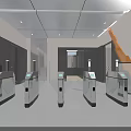 Modern Public Facility Interior With Turnstiles Gray Orange Walls And Bright Lighting