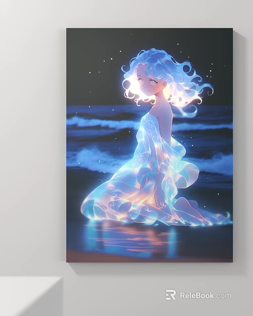 Girl With White Curly Hair In Glowing Dress Sitting At Seaside With Waves And Stars 3d model 