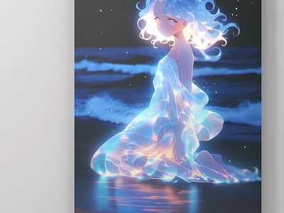 Girl With White Curly Hair In Glowing Dress Sitting At Seaside With Waves And Stars 3d model