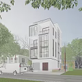 Modern Multi Story Single Family House With White Exterior Large Glass Windows And Green Lawn