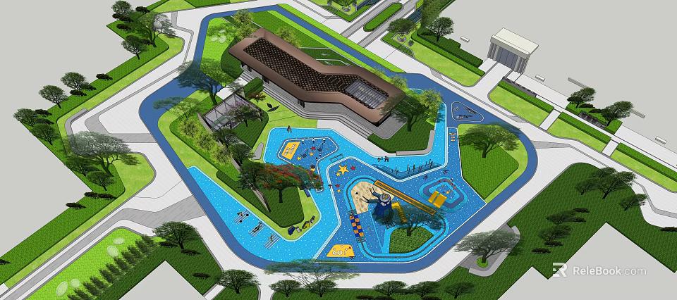 Residential Landscape With Swimming Pool Area Slide Greenery And Community Building 3d model 