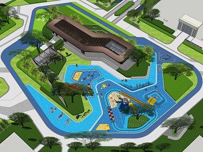 Residential Landscape With Swimming Pool Area Slide Greenery And Community Building 3d model