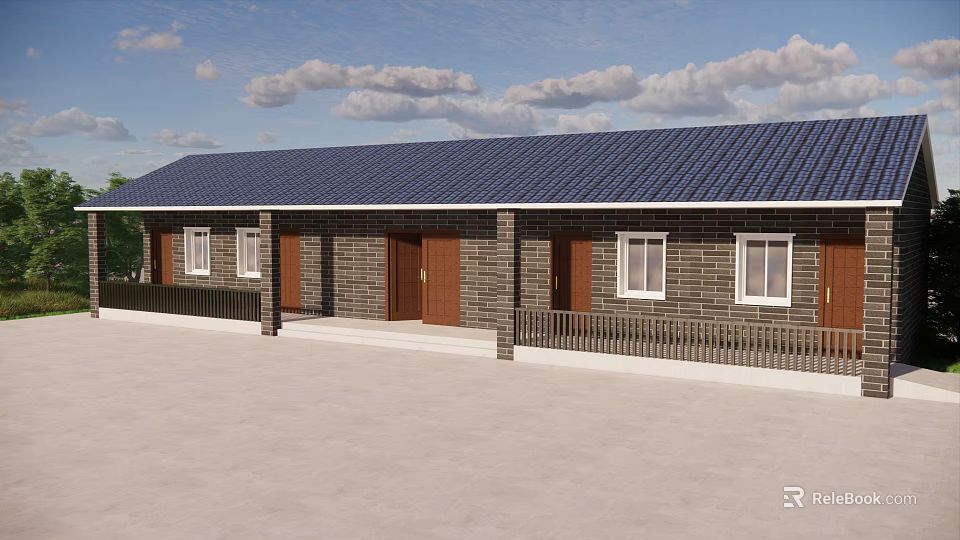 Single Story Brick Bungalow With Blue Roof Multiple Doors Windows And Open Space 3d model 