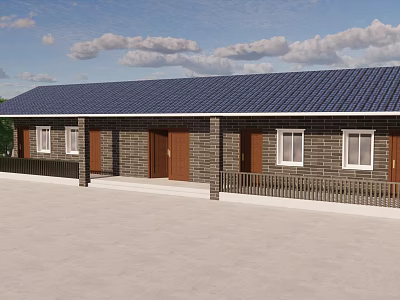 Single Story Brick Bungalow With Blue Roof Multiple Doors Windows And Open Space 3d model