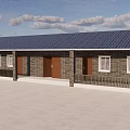 Single Story Brick Bungalow With Blue Roof Multiple Doors Windows And Open Space