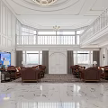 Luxurious Duplex Living Room With White Paneling Leather Sofas And Chandelier