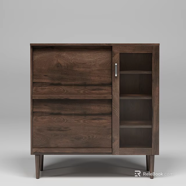 Dark Brown Wooden Sideboard With Drawers Cabinet Door And Open Shelves 3d model 