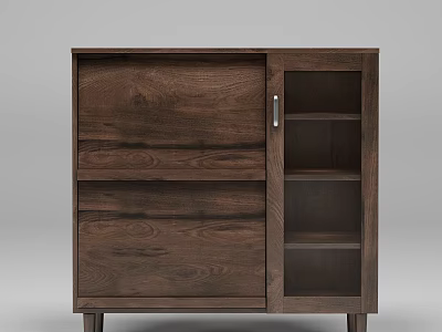 Dark Brown Wooden Sideboard With Drawers Cabinet Door And Open Shelves 3d model