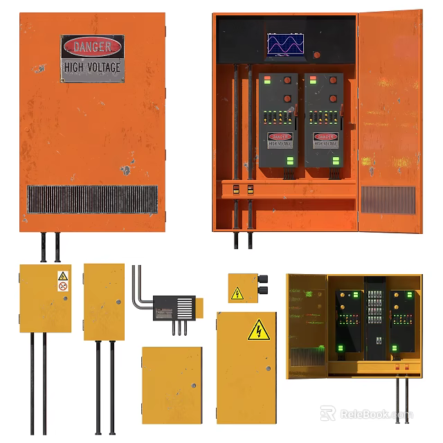 Industrial Equipment High Voltage Control Panels With Orange And Yellow Safety Features 3d model 