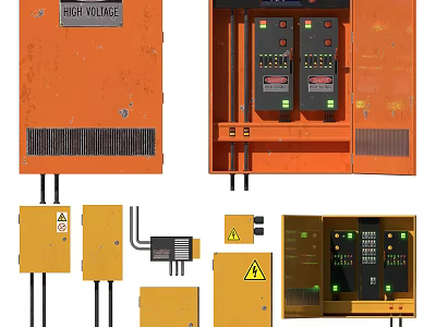 Industrial Equipment High Voltage Control Panels With Orange And Yellow Safety Features 3d model