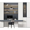 Modern Bookcase with Shelves Books Decorative Items and Lamp Under Desk with Computer and Chair