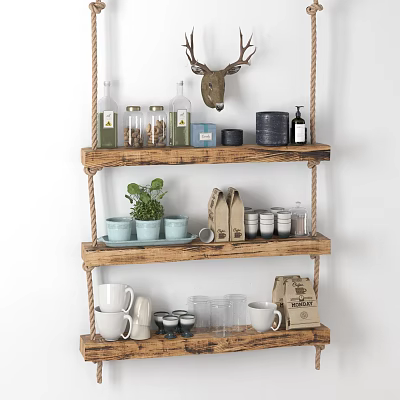 Rope Hung Wooden Wall Shelves in Kitchen with Plant Mugs Jars and Deer Head Decor 3d model