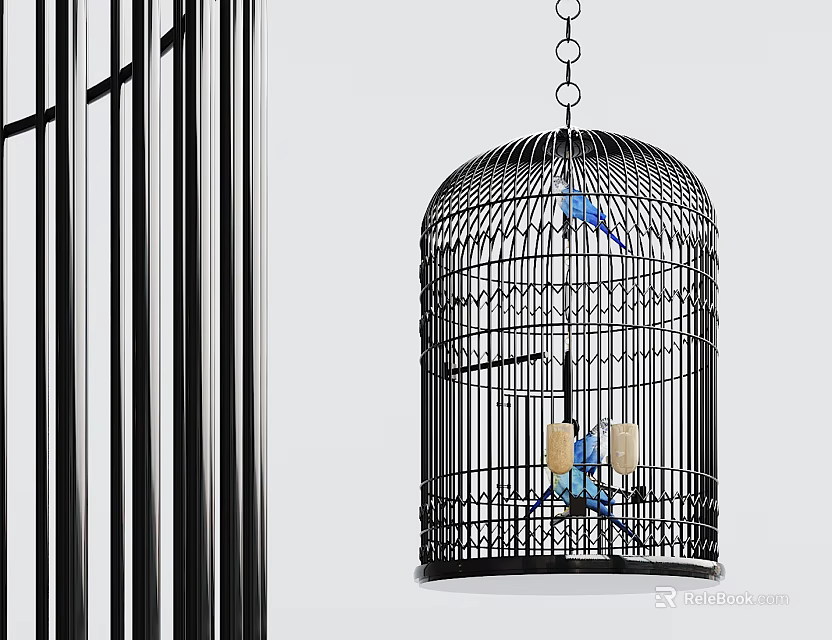 Black Birdcage Shaped Chandelier With Blue Decorative Elements And Candle Lights 3d model