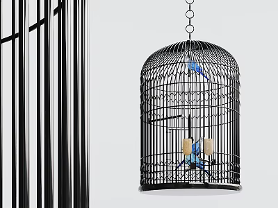 Black Birdcage Shaped Chandelier With Blue Decorative Elements And Candle Lights 3d model
