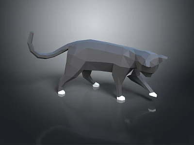 Low Poly Cat Sculpture with Gray Body and White Paws 3d model