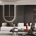 Modern Living Room Interior With White Sofa Black Coffee Table Circular Wall Decor And Shelves