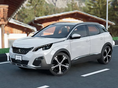 White Peugeot SUV Exterior Design With Black Wheels Parked On Road And Mountain View 3d model