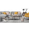 Modern Sofa Coffee Table Set With Yellow Pillows Accent Chair And Patterned Rug 3d model