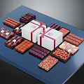Assorted Chocolate Pieces with Gift Boxes and Red Ribbons on Blue Surface 3d model