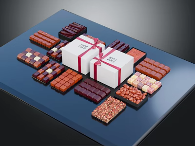 Assorted Chocolate Pieces with Gift Boxes and Red Ribbons on Blue Surface 3d model