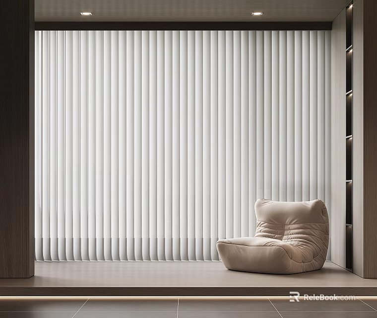 Modern White Vertical Blinds in Minimalist Interior with Beige Bean Bag Chair 3d model 