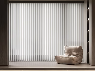Modern White Vertical Blinds in Minimalist Interior with Beige Bean Bag Chair 3d model