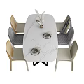 Modern Oval Marble Dining Table Set with Six Mixed Material Chairs and Decorative Plants 3d model