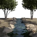 Lush Waterfront Landscape With Flowing Stream Arranged Stones And Shady Trees