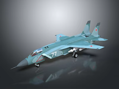 Light Blue Fighter Jet Model With Number 77 And Red Emblems On Gray Background 3d model