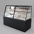 Display Showcase Shelf With Transparent Glass Door Black Base And Various Cakes Pastries Cookies Inside