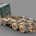 Teal Weathered Truck Chassis Featuring Multiple Heavy Duty Wheels And Industrial Design
