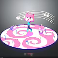 Child singing with music notes and cute animals on round pink spiral platform