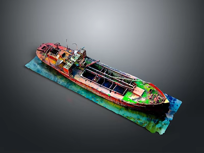 Old Rusty Ship Model With Red Green Hull On Blue Green Water Surface 3d model