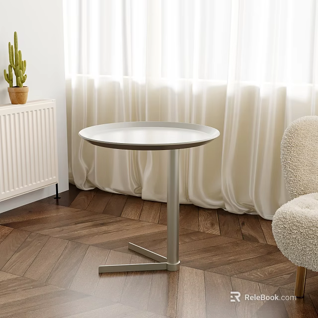 Modern Round Top Sidetable With Metal Cross Legs And Light Curtains On Wooden Floor 3d model 