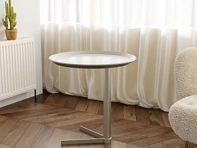 Modern Round Top Sidetable With Metal Cross Legs And Light Curtains On Wooden Floor 3d model