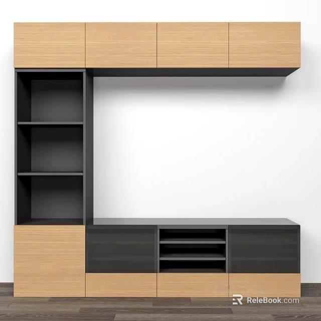 Modern TV Stand With Wooden And Black Finish Storage Shelves And Drawers 3d model 