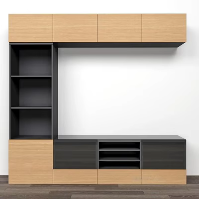 Modern TV Stand With Wooden And Black Finish Storage Shelves And Drawers 3d model