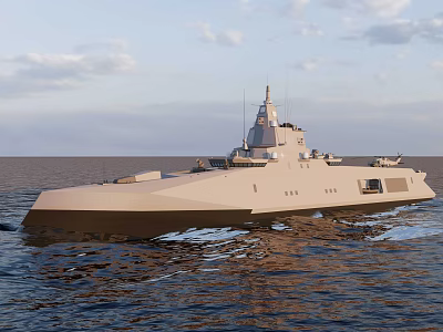Modern Warship Sailing On Open Ocean With Sleek Hull And Upper Deck Structure 3d model