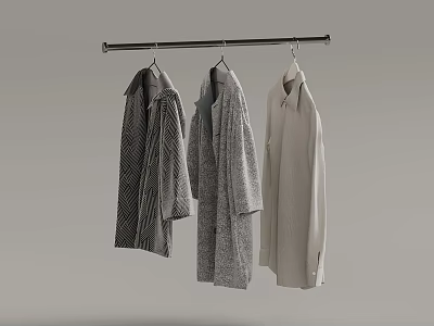 Three Different Patterned Coats Hanging On Metal Rod In Minimalist Space 3d model