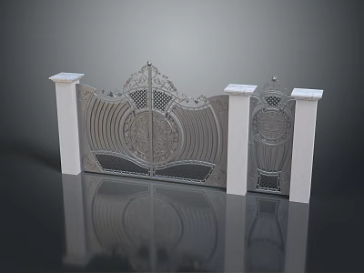 Symmetrical Ornate Iron Gate With Carved Panels And White Stone Pillars 3d model