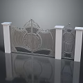 Symmetrical Ornate Iron Gate With Carved Panels And White Stone Pillars