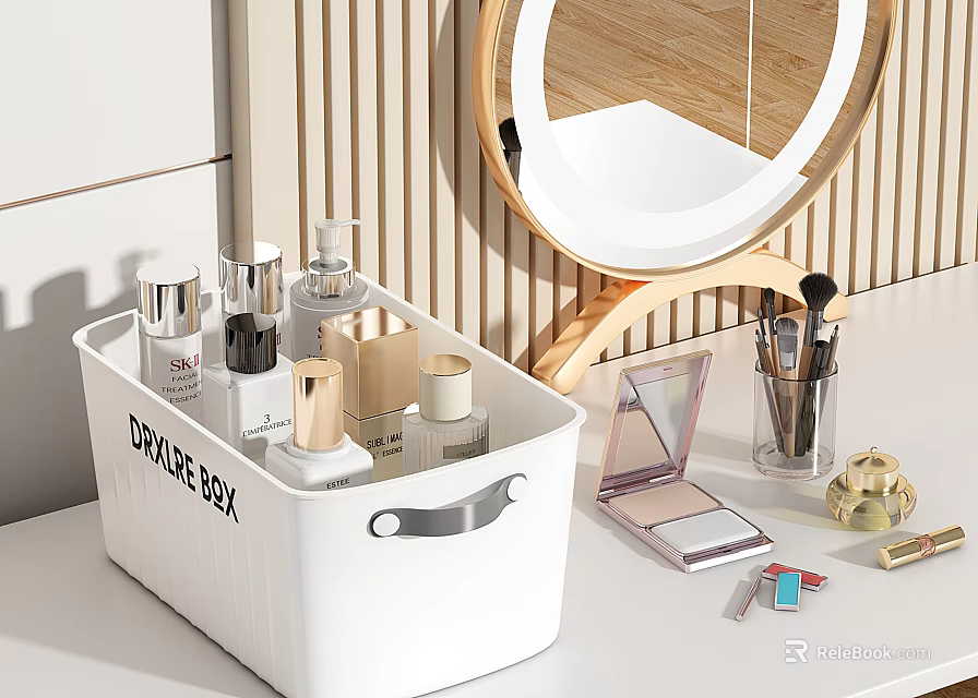 Perfume and Cosmetics on Dressing Table with Storage Box and Makeup Brushes 3d model 