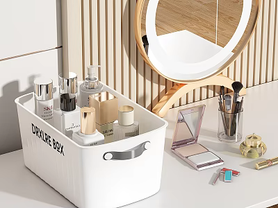 Perfume and Cosmetics on Dressing Table with Storage Box and Makeup Brushes 3d model