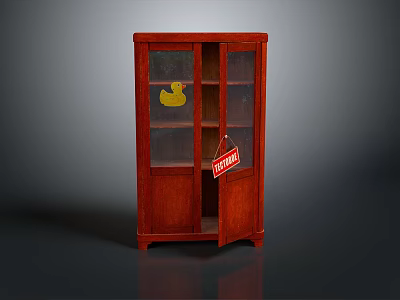 Wooden Display Cabinet With Glass Doors On Sale Tag And Yellow Rubber Duck Inside 3d model