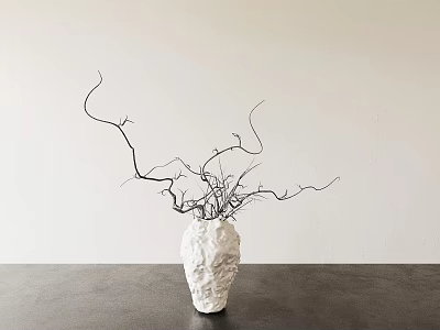 White Textured Vase With Black Twisted Branches On Dark Tabletop And Light Wall 3d model