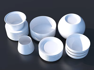Elegant White Ceramic Dinnerware Set With Bowls Plates And Stackable Cups 3d model